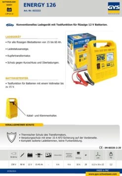GYS ENERGY 126 023222 12V Konventionmelles Batterieladegerät Mit Testfunktion -Werkzeug Günstiges Geschäft 023222 tm