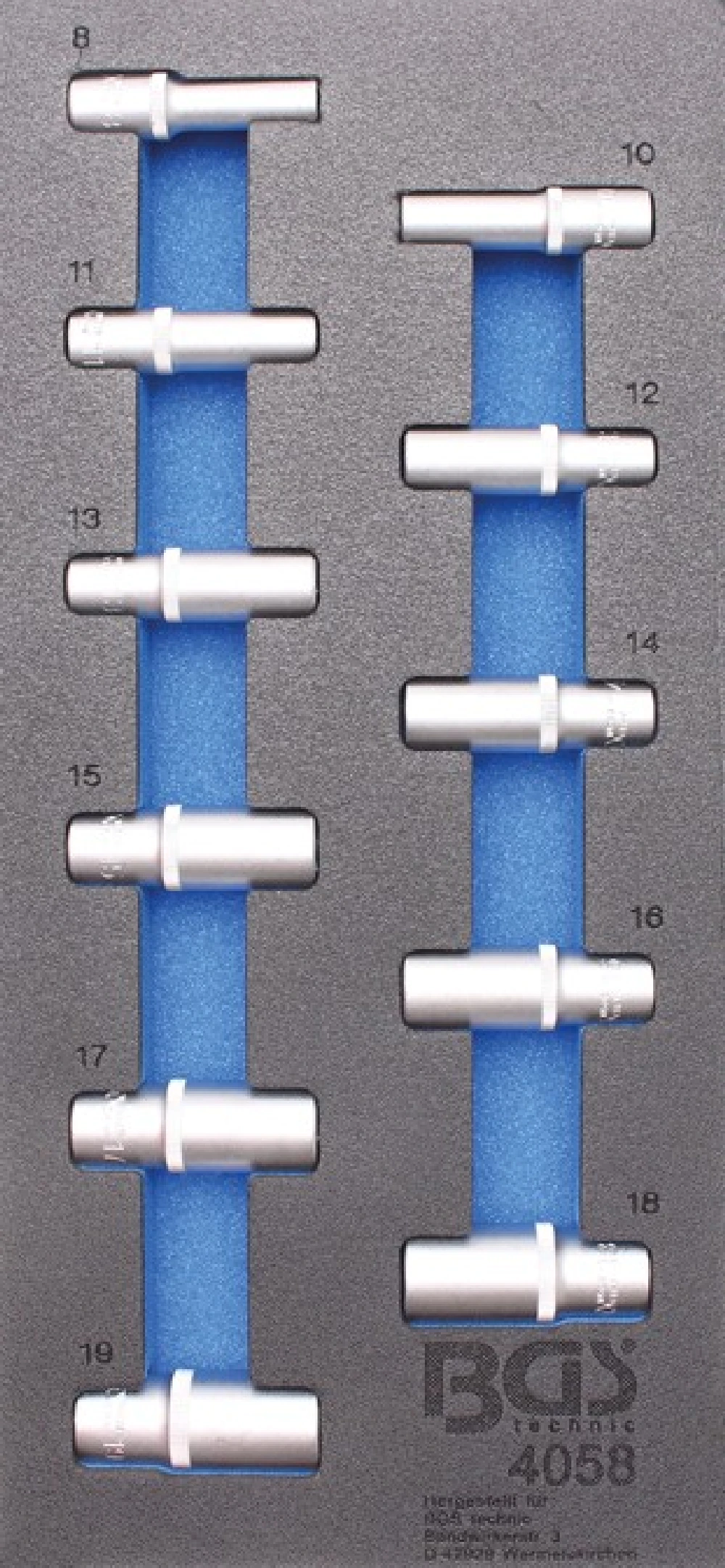 BGS Werkstattwageneinlage 1/3: Steckschlüssel-Einsätze Sechskant | Tief | 11-tlg. – 4058 1 BGS Werkstattwageneinlage 1/3: Steckschlüssel-Einsätze Sechskant | Tief | 11-tlg. – 4058