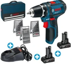 BOSCH Akku Bohrschrauber 12V-15 2x 4Ah 39tlg Zubehör Ladegerät Tasche