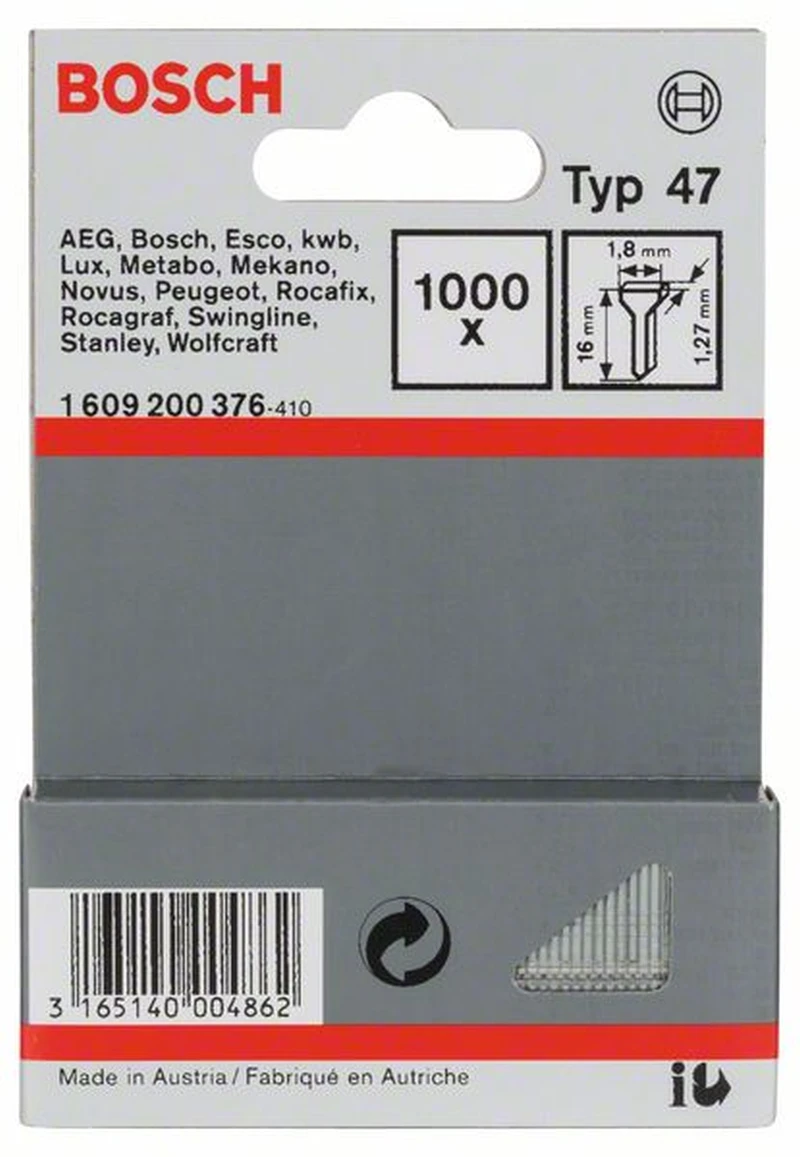 Bosch Tackernagel Typ 47 1,8 X 1,27 X 16 Mm 1000er-Pack 1609200376 1 Bosch Tackernagel Typ 47 1,8 X 1,27 X 16 Mm 1000er-Pack 1609200376