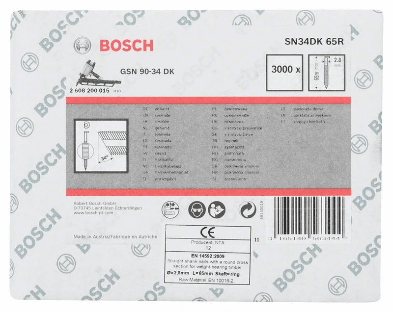 Bosch D-Kopf Streifennagel SN34DK 65R 2,8 Mm 65 Mm Blank Gerillt 2608200015 1 Bosch D-Kopf Streifennagel SN34DK 65R 2,8 Mm 65 Mm Blank Gerillt 2608200015