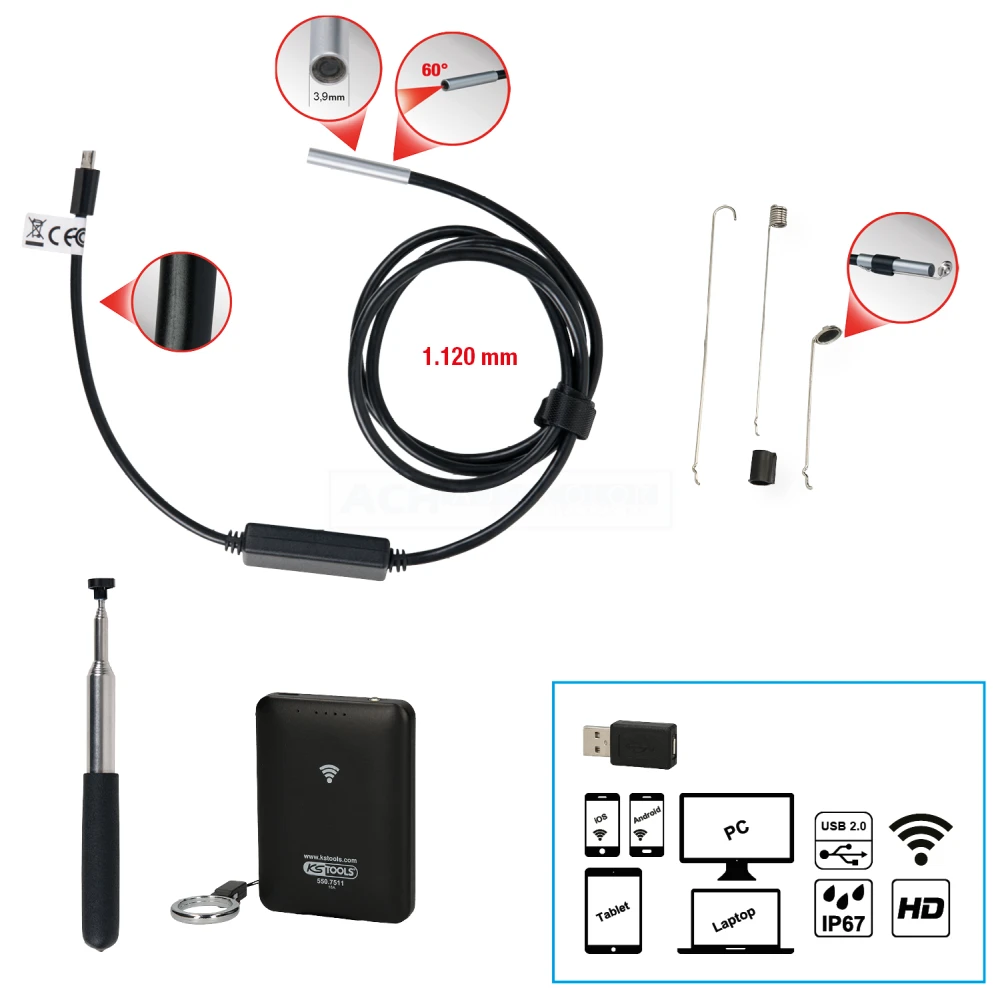 KS Tools Wi-Fi-Videoskop-Satz Mit Ø 3,9 Mm 0° HD Frontkamera-Sonde, 7-tlg. - 550.7520 2 KS Tools Wi-Fi-Videoskop-Satz Mit Ø 3,9 Mm 0° HD Frontkamera-Sonde, 7-tlg. - 550.7520 – Bild 2